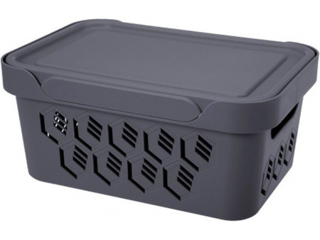 Ящик п/п 270х190х120 4,6 л для хранения, перфорированный, с крышкой, арт.DELUXE 4,6 (22902, серый)