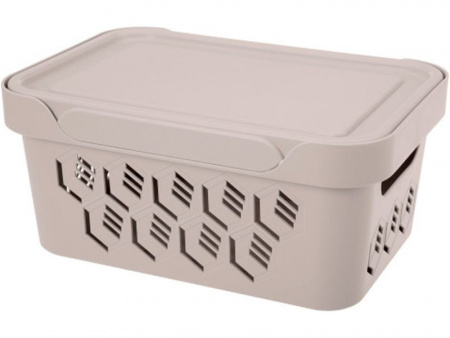 Ящик п/п 270х190х120 4,6 л для хранения, перфорированный, с крышкой, арт.DELUXE 4,6 (22914, светло-бежевый)