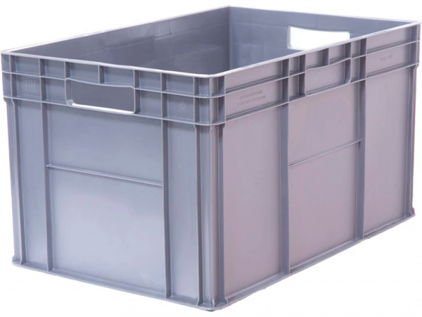 Ящик пластиковый 600х400х340 стенки сплошные, дно гладкое, 2 открытые ручки