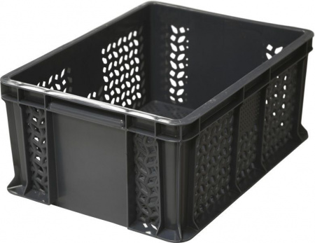 Ящик пластмассовый 400х300х180 арт 702.01.02 перфорированный с внешней ручкой (19530, черный)