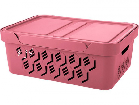 Ящик п/п 380х276х140 12 л для хранения, перфорированный, с крышкой, арт.DELUXE 12 (22917, розовый)