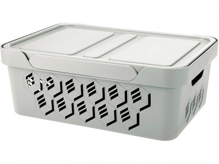 Ящик п/п 380х276х140 12 л для хранения, перфорированный, с крышкой, арт.DELUXE 12 (22921, светло-серый)